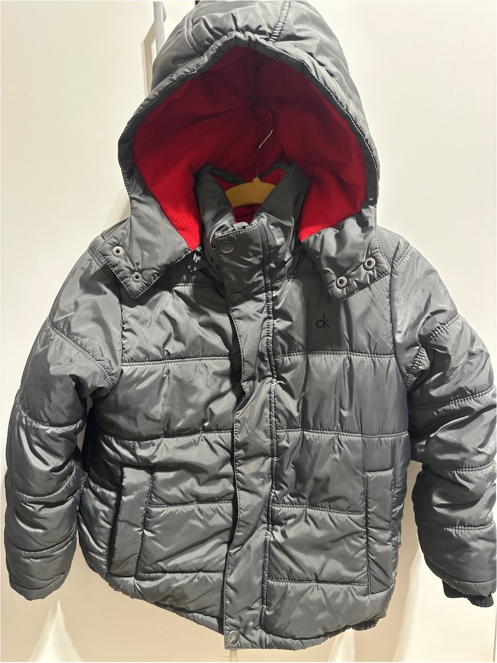 Calvin Klein Kids Gray Puffer Jacket with Red Hood Lining